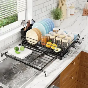 Dish Rack - Expandable Dish Drying Rack for Kitchen Counter, Large Capacity Dish Drainers, Stainless Steel Dish Strainer with Utensil & Cup Holders, Black