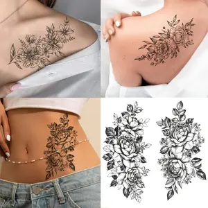 12 Sheets 3D Black Flower Temporary Tattoos For Women Rose Peony Flower Sketch Tattoos Stickers For Women Body Art