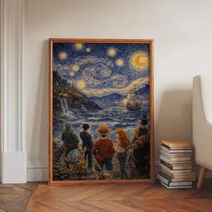 1Piece Starry Night Wall Art, Anime Wall Art, Pirate Ship Print, Straw Hat Crew Poster, Manga Art, Gift For Anime Fan