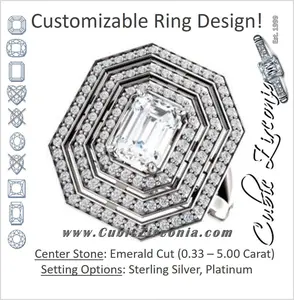 Cubic Zirconia Engagement Ring- The Roza (Customizable Triple-Halo Emerald Cut Design with Split Band and Knuckle Accents)