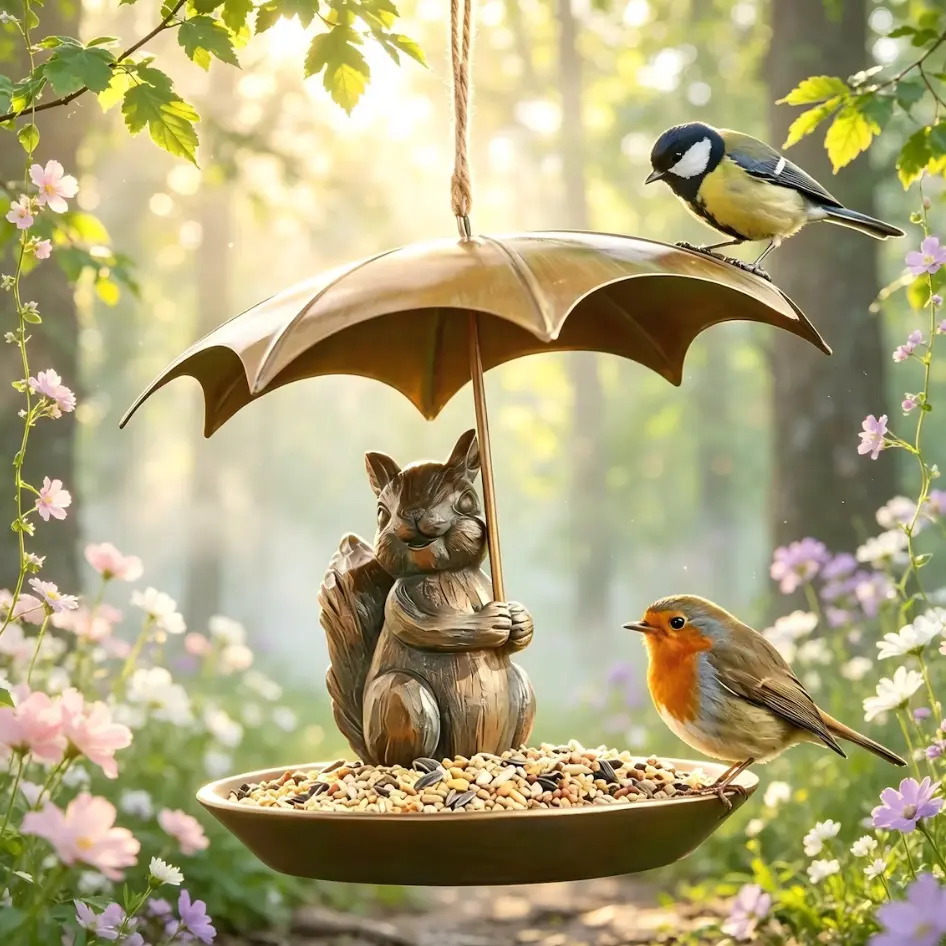 Outdoor Hanging Resin Bird Feeder - Cute Squirrel with Umbrella, Waterproof Seed Holder Tray, Garden Art Decor, Whimsical Tree-Mounted Pet Supply, Housewarming Birthday Gift for Bird Lovers