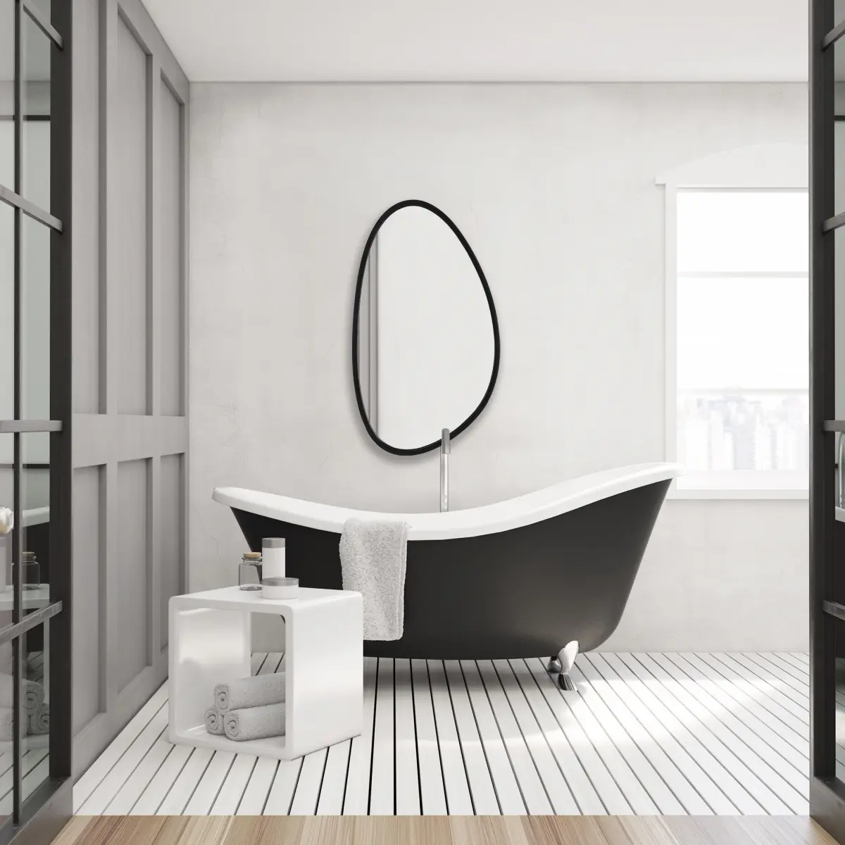 212 Main Wall-Mount Mirror, Irregular Modern Matte Black, 21x36x1 in., Home Decor, Room Decor for Home Reflections