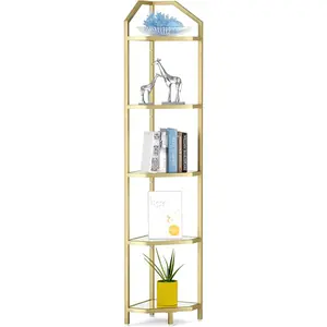 5-Tier Corner Shelf Stand, Gold Corner Bookshelf, Rack Shelf, Plant Rack, Tempered, Frame, Style for Living Room,,, Metallic Gold