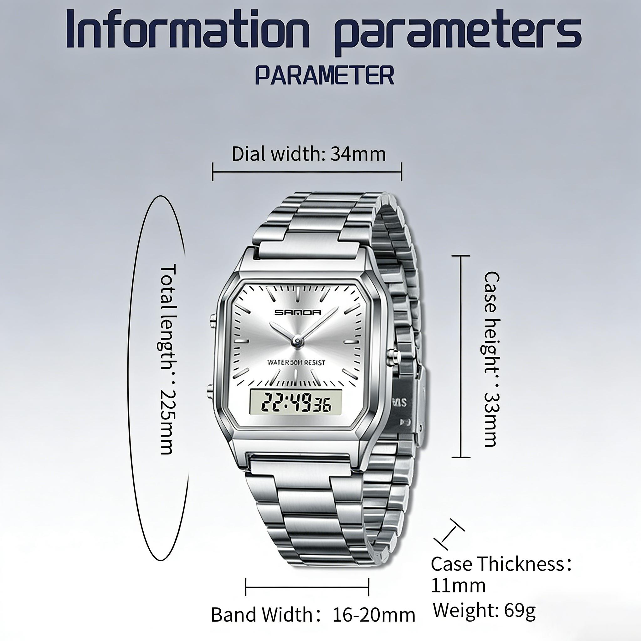 Stainless Steel Digital Sports Watch With Led Dual Display Unisex Water Resistant Quartz Wristwatch