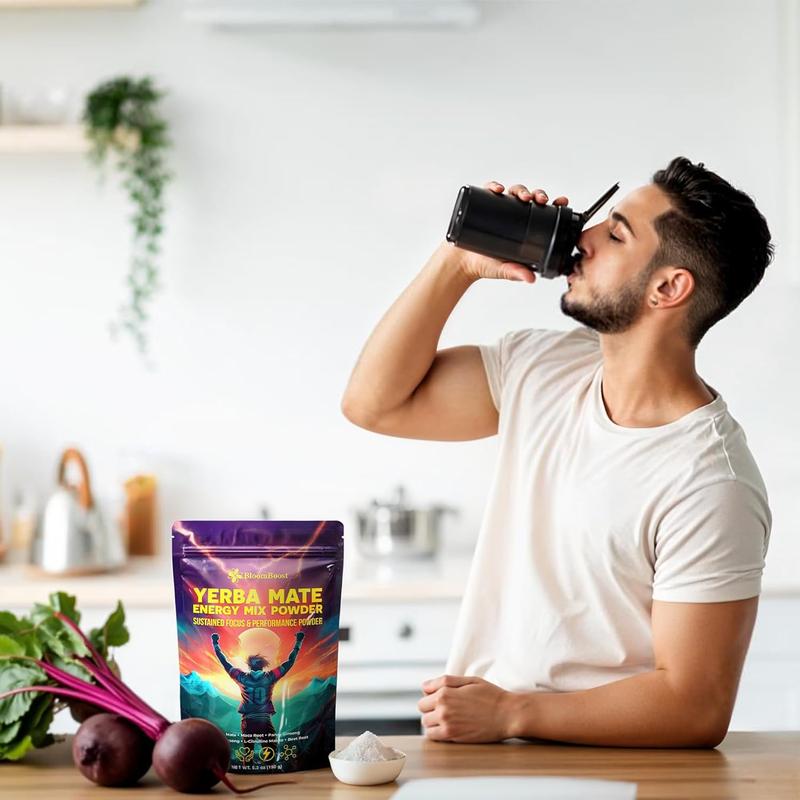 Yerba Mate Energy Drink Mix Powder with Maca, Ginseng, Beet Root, Electrolytes & B12 – Sugar-Free, Vegan, 5.3 oz (15 Servings)