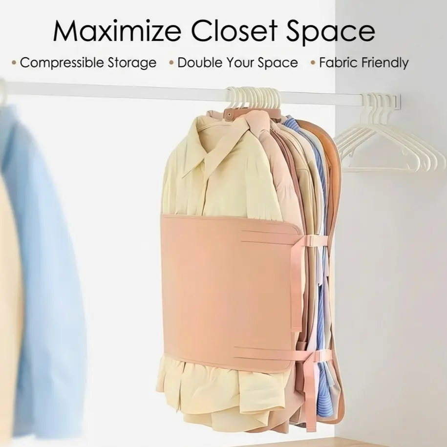 Hanging Compressible Clothing Storage Bag, organizes stacked hanging garments to save closet space for shirts, coats and light jackets in home wardrobe