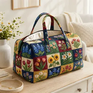 Floral Patchwork Quilted Duffel Bag for Women, Cottagecore Weekender Travel Bag, Large Capacity Overnight Carry On Tote, Soft Flower Gym Bag for Vacation, Road Trips, Hospital, Camping & Weekend Getaways