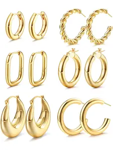 6 Pairs of Golden Chunky Hoop Earrings Set Ladies 14K Gold-plated Thick Lightweight Hypoallergenic Hoop Earrings Set Twist Huggie Open Hoop Set Earring Stacking Set Jewelry Ladies Gifts.