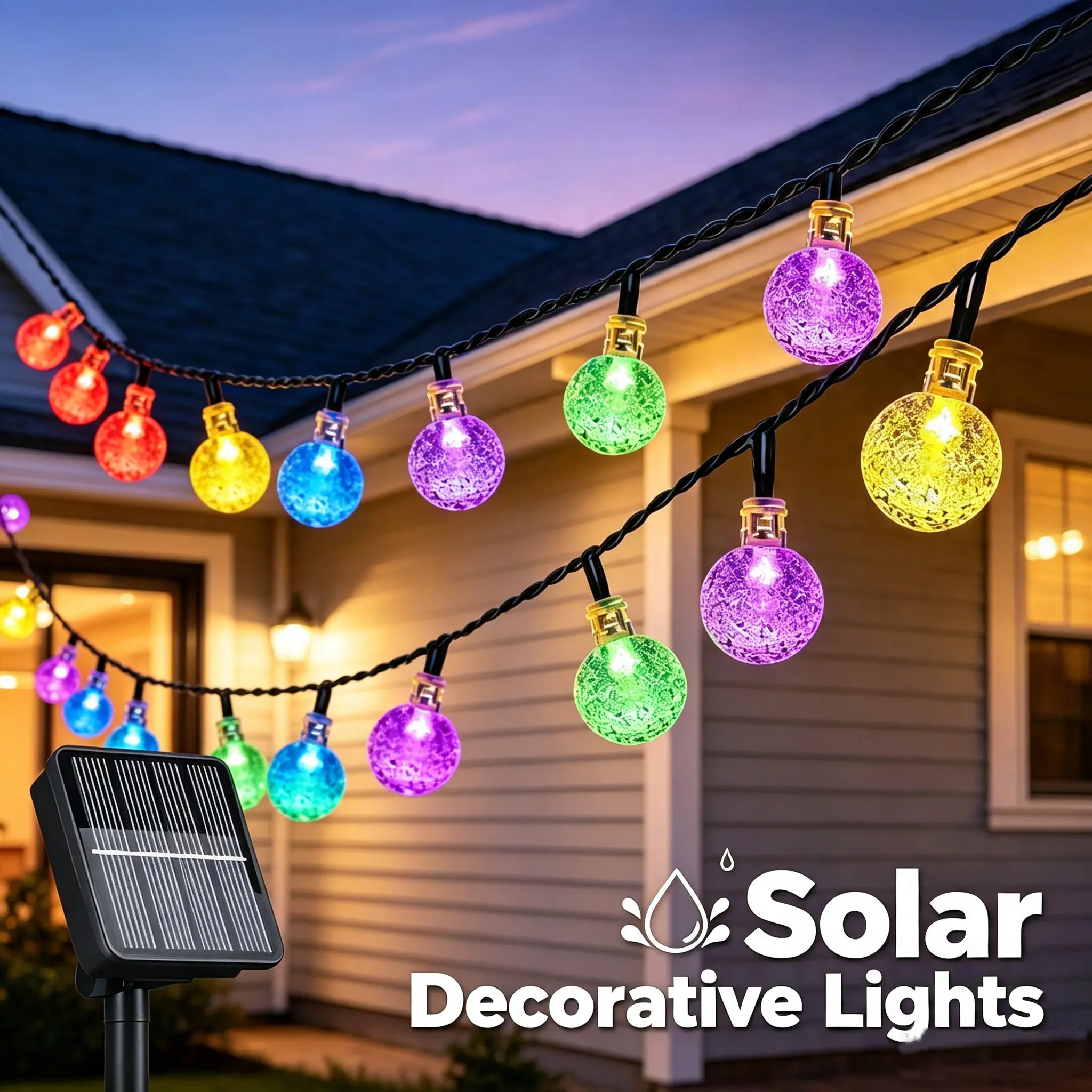 Outdoor solar hanging string lights, 17 ft, 20 LEDs bubble crystal globe, 8 lighting modes, waterproof warm white and multicolor fairy lights for patio garden party decor