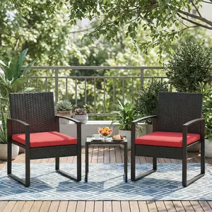 3 Piece PE Rattan Patio Bistro Set, Outdoor Wicker Furniture with Tempered Glass Top Table for Garden Balcony Backyard