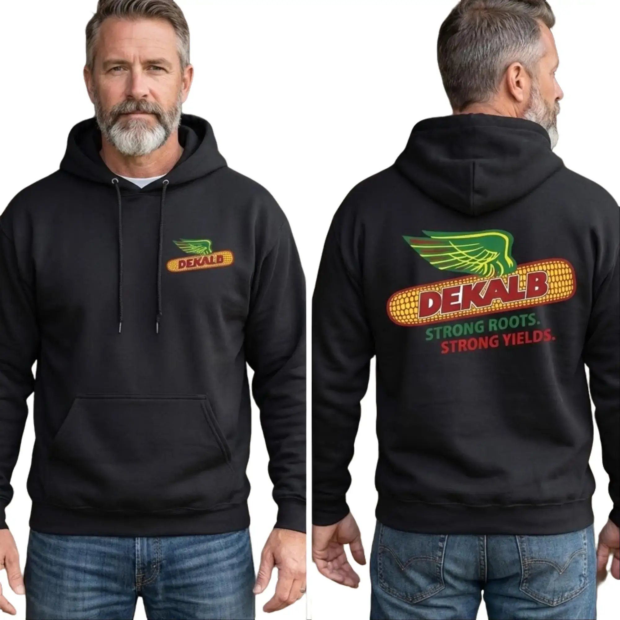 ? ?️ Vintage Dekalb corn graphic hoodie, small left‑chest logo on front and large full graphic on back, classic farm‑themed pullover sweatshirt for agriculture and farming lovers.