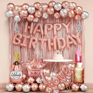 Rose Gold Happy Birthday Decorations for Women,Rose Gold Birthday Decorations with Banner, Fringe Curtains, Feminine Themed Foil Balloons, Balloon Kits for 13th 21st 25 30 40 50th Birthday Decorations