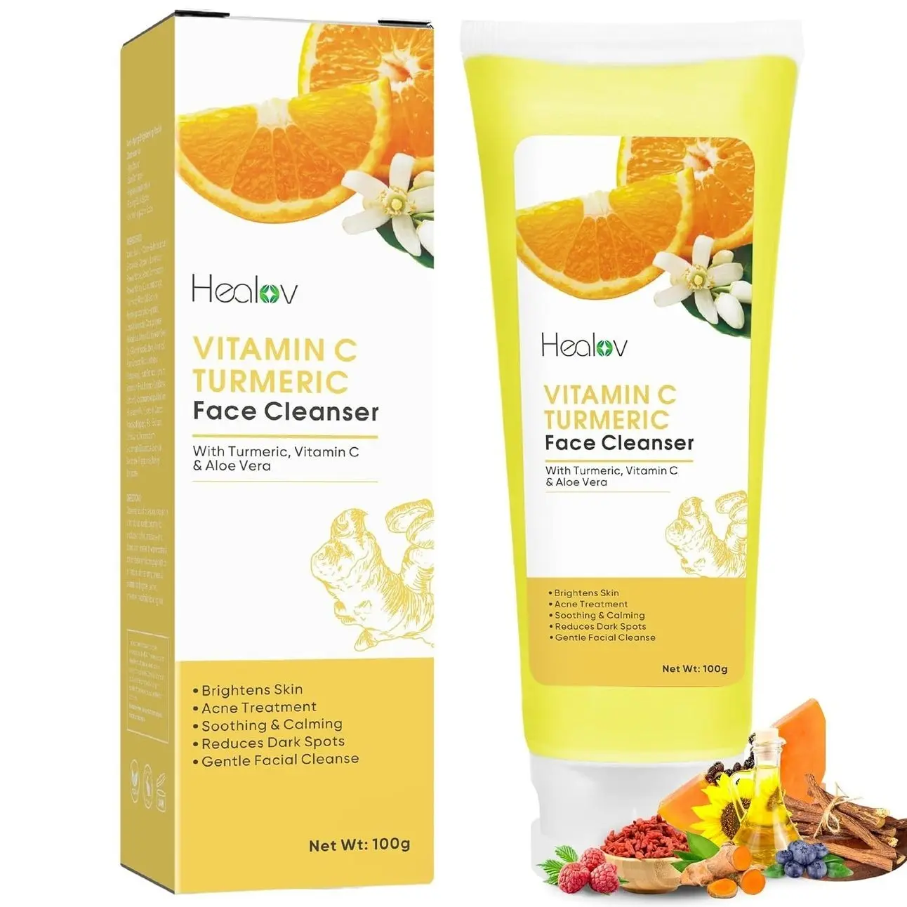 Healov Turmeric Face Wash – Skin Brightening Liquid Soap for Discoloration – Natural Anti Aging Exfoliating Facial Cleanser for Spots, Acne, Sun Damage – Turmeric Soap Skincare