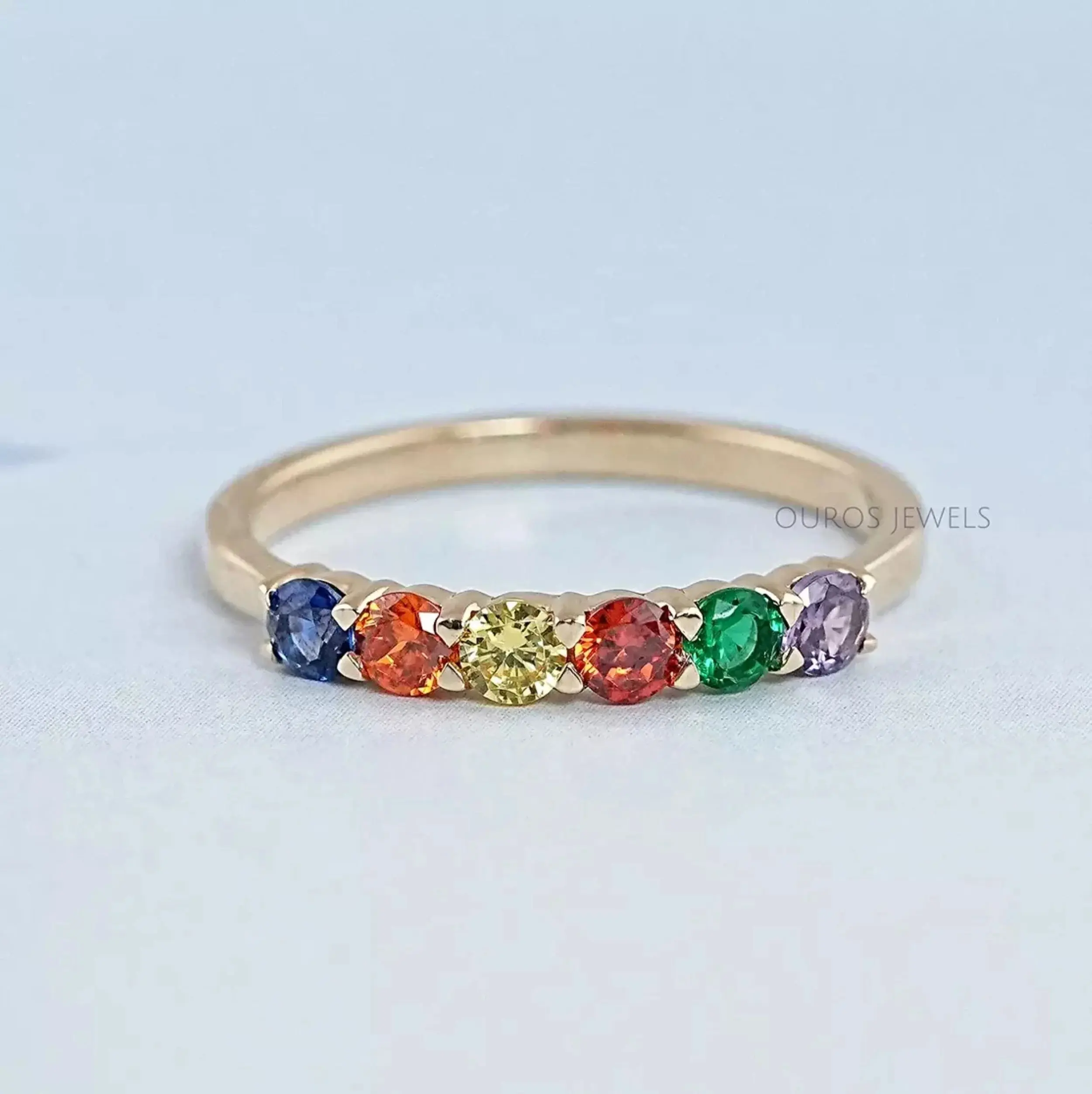 Rainbow Round Gemstone Dainty Wedding Ring