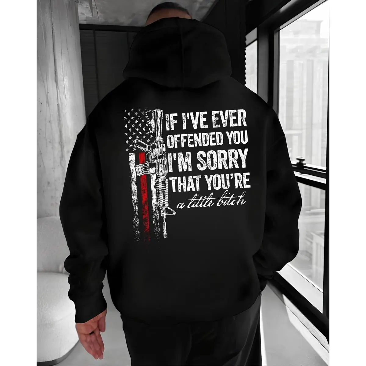 Men's Baggy "If I’ve Ever Offended You" Pullover Hoodie - Funny Savage Gun Humor Graphic, Casual Streetwear Long Sleeve Menswear Top