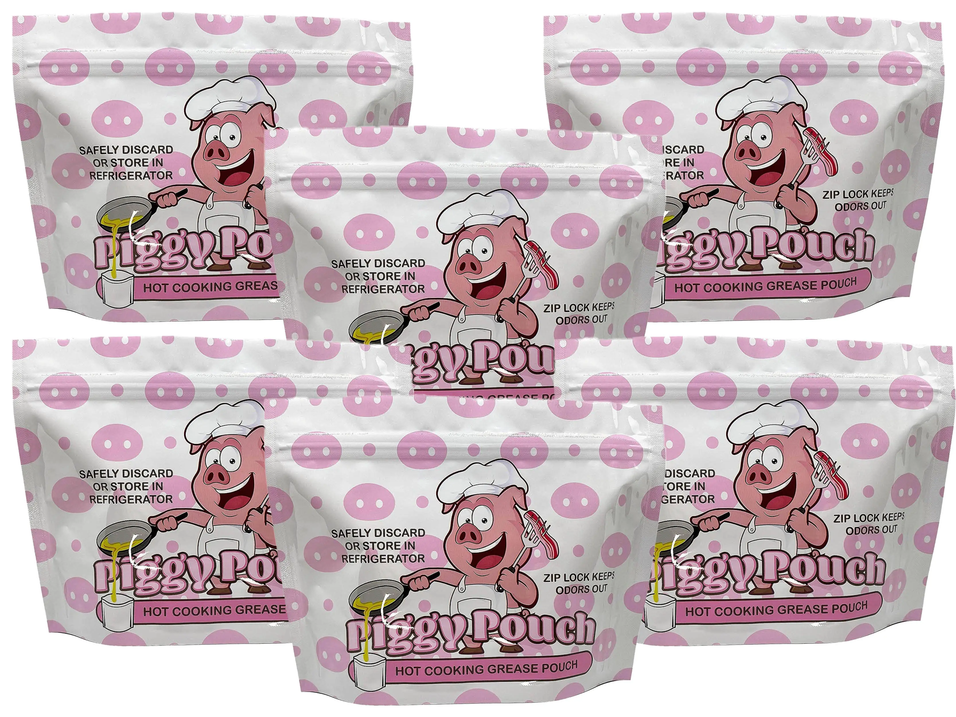 Piggy Pouch Bacon Grease Container 6 Pack 12 oz Resealable Heat Resistant Zip Lock Design for Cooking Grease Oil and Fat Storage