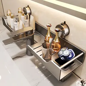 Suction Cup Mirror Front Bathroom Storage Rack No-Drill Wall-Mounted Bathroom Vanity Faucet Sink Organizer