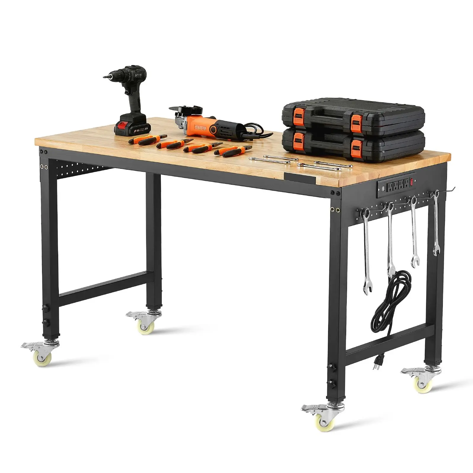 48-Inch Adjustable Heavy Duty Oak Wood Workbench with 2000 lbs Load Capacity, Power Outlet, Wheels, Pegboard & Tool Racks & Bars for Garage, Workshop