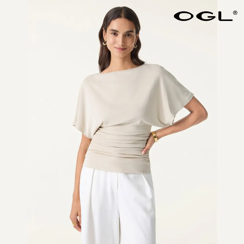 OGL Women's Boatneck Batwing Ruched Top - Stylish, Comfortable Womenswear Essential for Spring & Summer, Quiet Luxury Classy Going-Out Basic
