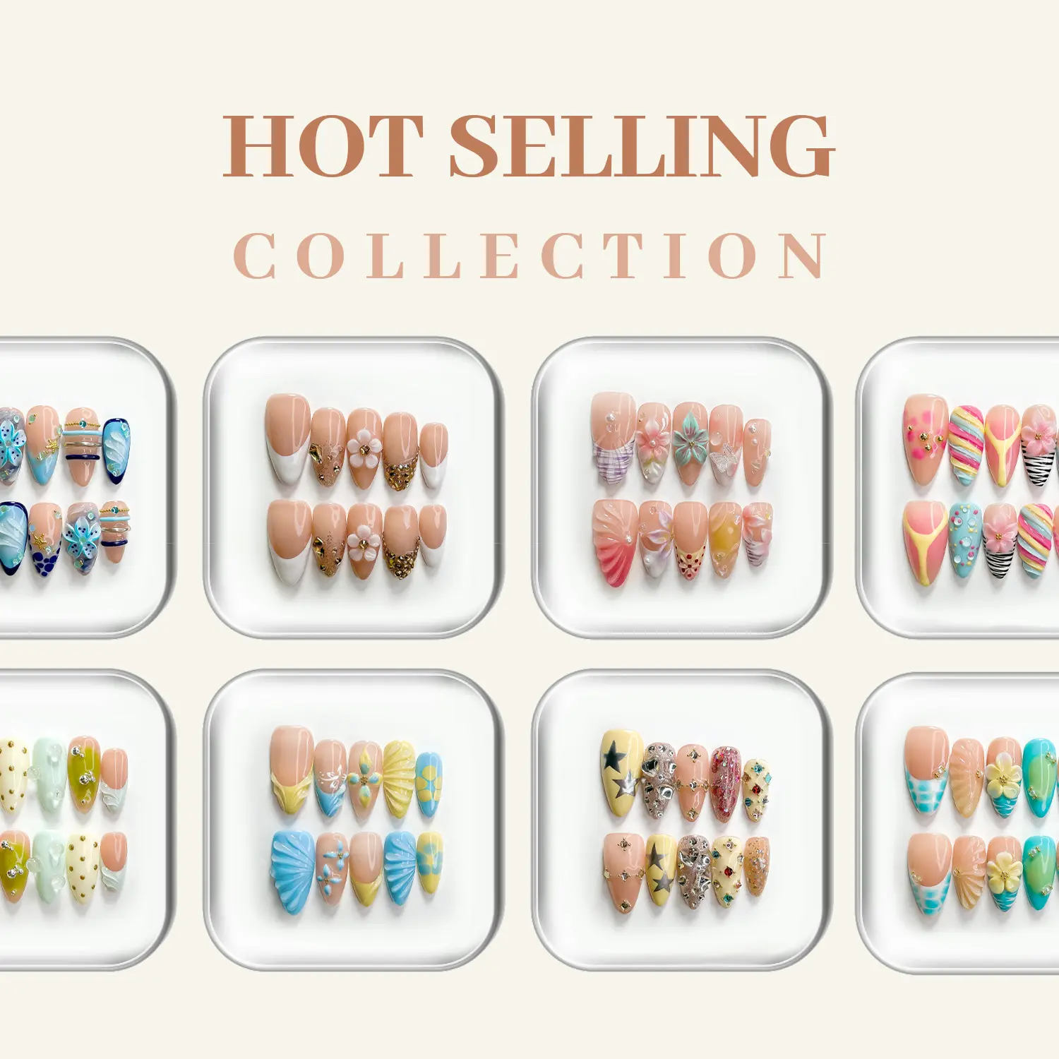 CuraTique Hot Selling Almond Press On Nails | 10PCS Reusable 3D Handmade Gel Nails, 2026 Spring Summer Trendy Nail Art for Prom
