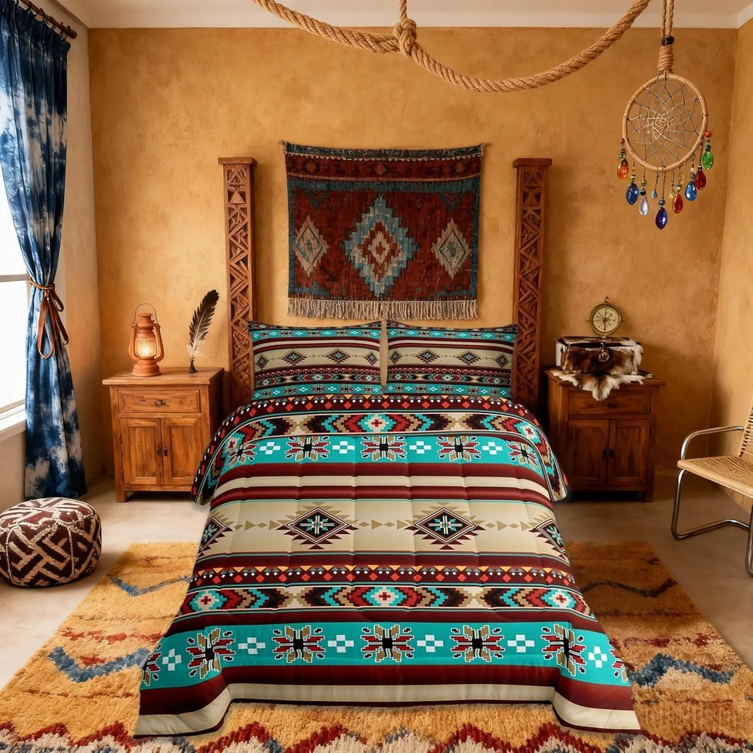 Feelyou Kids Aztec Geometric Digital Printed Comforter Set - Breathable Microfiber Boho Ethnic Bedding, Multi-Size Rustic Farmhouse Teal Red Brown Duvet Sets, Southwest Tribal Boys Room Decor, Multi-Size Sets