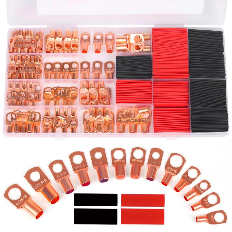 260PCS Copper Wire Lugs,Terminal Connectors,Used on AWG12 10 8 6 4 2 Cable,Heat Shrink Set,Bare Copper Eyelets,Ring Terminals Connectors,120Pcs Battery Cable Lugs Ends and 140Pcs Heat Shrink Tubing