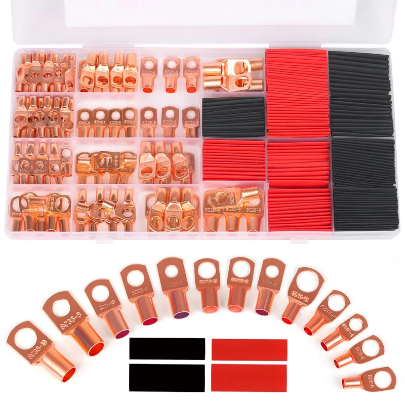 260PCS Copper Wire Lugs,Terminal Connectors,Used on AWG12 10 8 6 4 2 Cable,Heat Shrink Set,Bare Copper Eyelets,Ring Terminals Connectors,120Pcs Battery Cable Lugs Ends and 140Pcs Heat Shrink Tubing