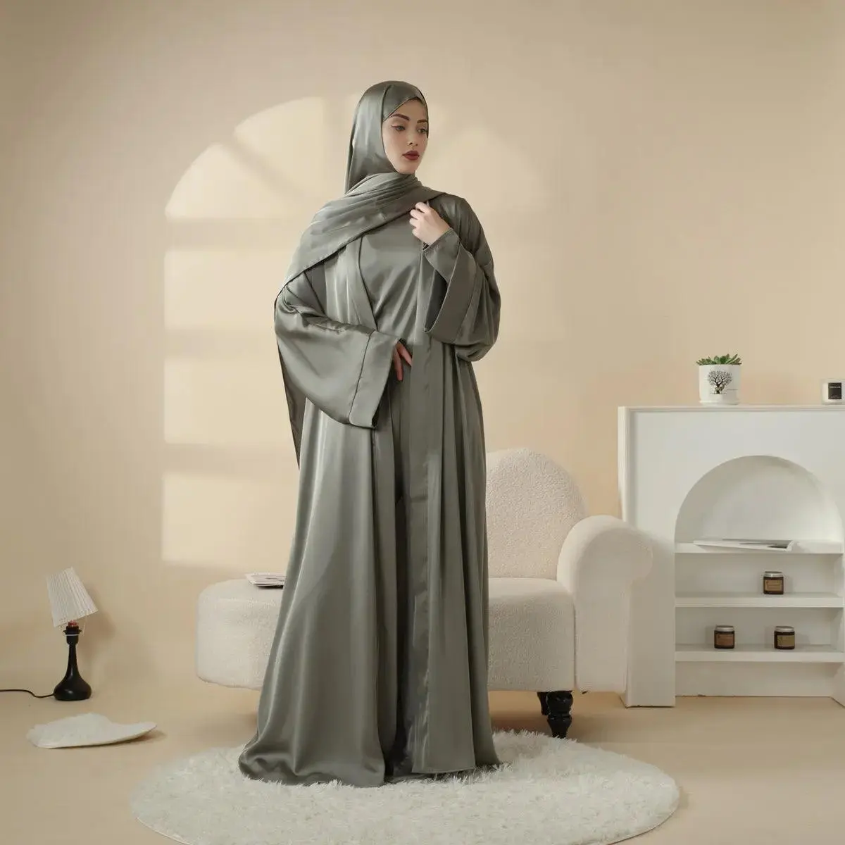 Modest  Muslim Maxi Formal Elegant Comfort 4-Piece Set Design Clothing :  Satin Top, Pant ,Open Abaya and  Hijab summerwins Versatile Classy