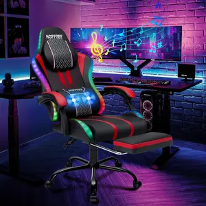 HOFFREE LED Gaming Chair Massage with Speakers Game Chair Big and Tall with Footrest Gamer Chair for 400lbs Computer Desk Chair for Adults Red and Black