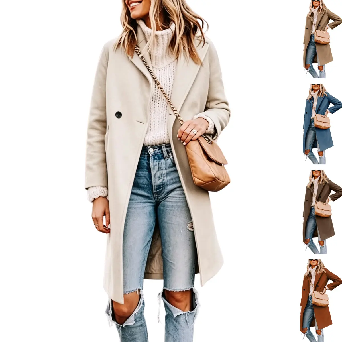 SCUSTY Women's Winter Notch Lapel Double Breasted Wool Blend Mid Long Pea Trench Coat with Two Side Pockets