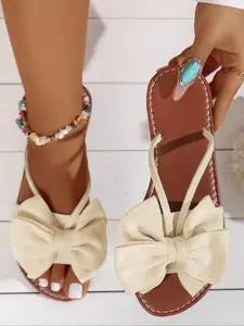 Women's Bowknot Design Slip on Sandals, Casual Boho Style Flat Sandals for Summer, Lightweight Solid Color Slide Sandals for Indoor & Outdoor Wear, Bohemian Trending Sandals