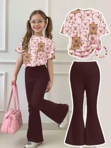 Summer Girls Short Sleeve T-Shirt & Bell Bottoms Set, Kawaii Cartoon Print, Elastic Soft Fabric, Casual for Outdoor Wear, Kid