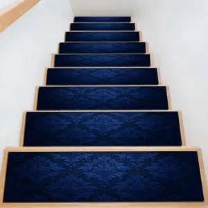 Deep Blue Stair Mat with Damask Pattern, Absorbent Non-Slip Wooden Step Rug, Quick-Dry Moisture-Drain Stair Strip, Washable Anti-Slip Floor Mat