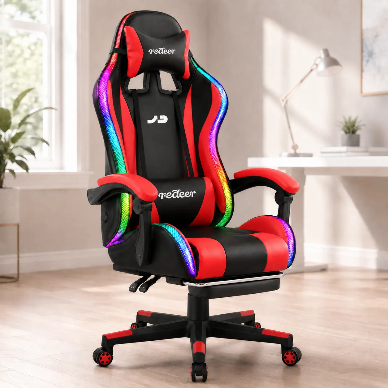 Redeer High Back RGB LED Gaming , Reclining Swivel Computer  with Footrest, Lumbar Pillow and Headrest chair all-terrain