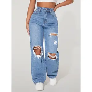 High Waist Ripped Straight Leg Jeans Chic Fit