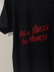 RHLM Rhinestone Tee with Real Hasta La Muerte Text and Rhinestones Decoration Black Shirt