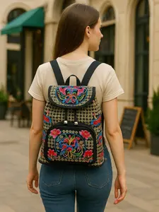 CASH COW Golden Myth Retro Ethnic Embroidered Backpack with Drawstring & Zipper for Adults Money Tree Design Floral Pattern Lightweight Foldable Bag