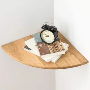 Corner Shelf,16inch Natural Oak Solid Wood Floating Corner Shelves Wall Mount Round End Floating Speaker Rack with Wire Hole for Small Plant for Bedroom Kitchen, Living Room