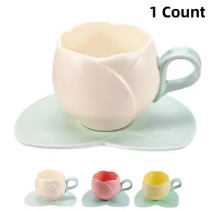 1 Count Ceramic Tulip Coffee Mug with Saucer Set, Shape Cup, Cute Mug Set, Latte Mugs for Tea Coffee Milk for Home Office Aesthetic 🌸Multi-use Cup and Saucer  Designer Coffee Mug ☕  🥐 🍰