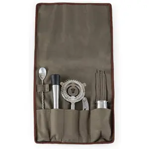 A Picnic Time Brand 10-Piece Bar Tool Roll Up Kit, Mixology Bartender Travel Set with Cocktail Accessories, (Khaki)