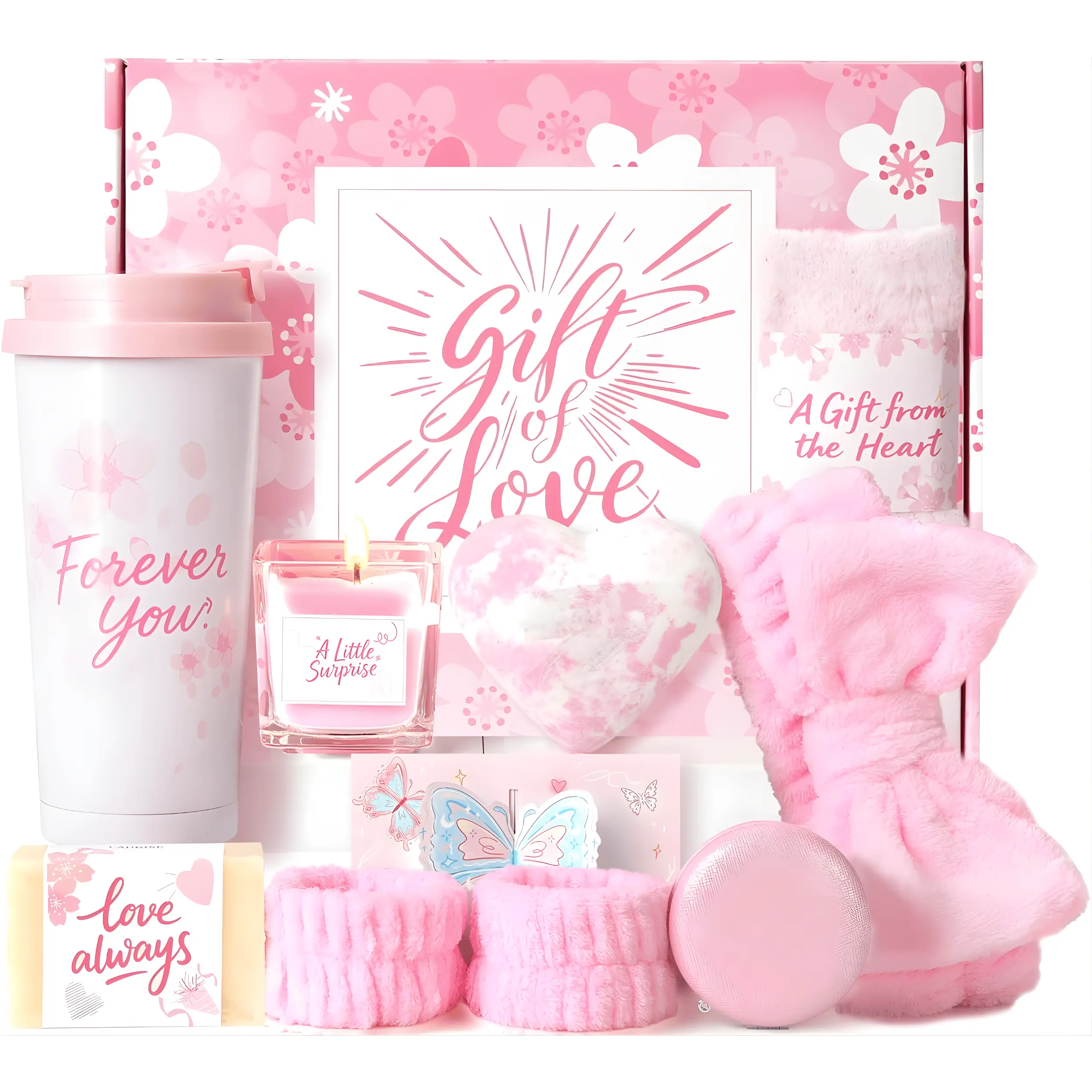 Birthday Gifts for Women Cherry Blossom Spa Gift Box with Tumbler, Self Care Relaxation Basket for Mum, Wife, Sister, Friend & Grandma, Perfect Thank You Gift for Mother’s Day, Valentine’s Day & Christmas, Pink & Blue