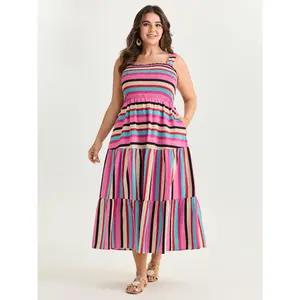 BLOOMCHIC Women's Plus Size Casual Bright Striped Print Wide-Strap Polyester-Spandex Fabric Maxi Dress - Sleeveless Swimweek