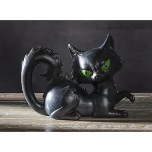 Wicca Witchcraft Mystical Curling Black Cat With Green Eyes Halloween Figurine