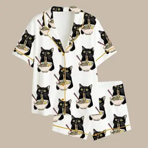 Noodle Cat Satin Pajama Set Women, Kawaii Kitty Sleepwear, Short Sleeve Button Top and Shorts, Cute Summer Lounge Outfit Gift
