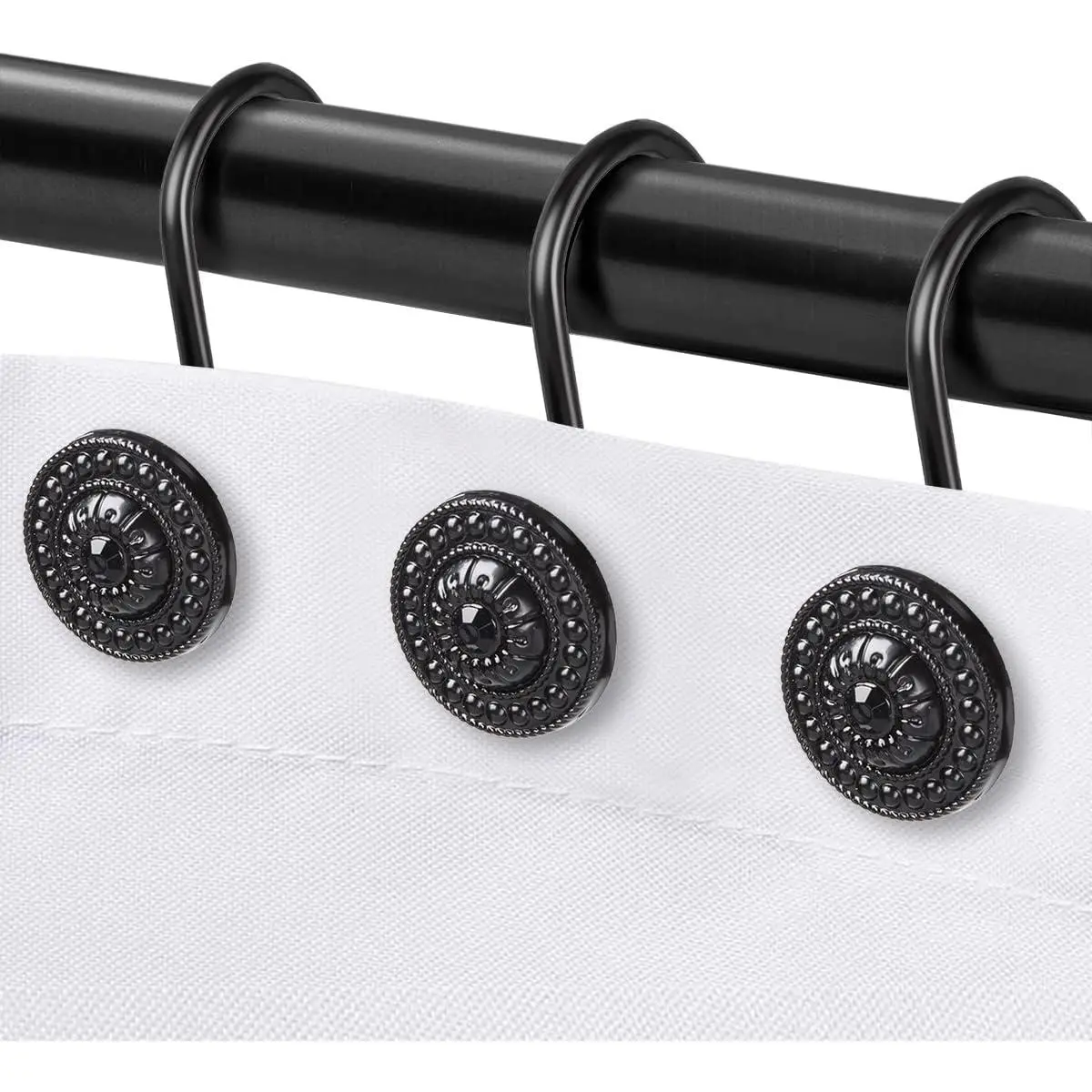 Black Beaded Circular Design Handicrafts Shower Curtain Hooks - Rust-Proof, Ideal for Curtain Rod & Bathroom Liner, Multiple Use, 12-Count