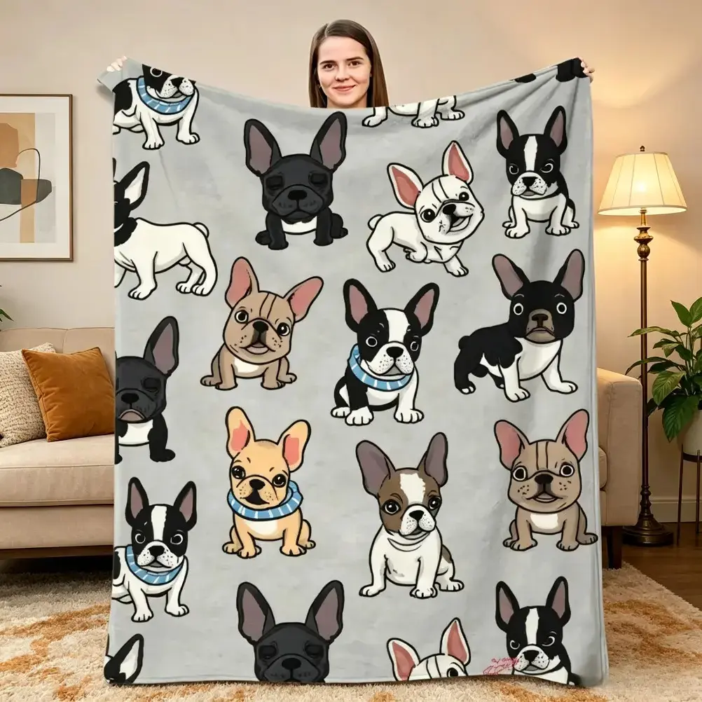 Ultra-Soft Polyester Retro French Bulldog Flannel Throw Blanket - Double-Sided Warmth, Multi-Size, Cozy Home Couch/Bedroom Decor, Ideal Gift for French Bulldog Lovers
