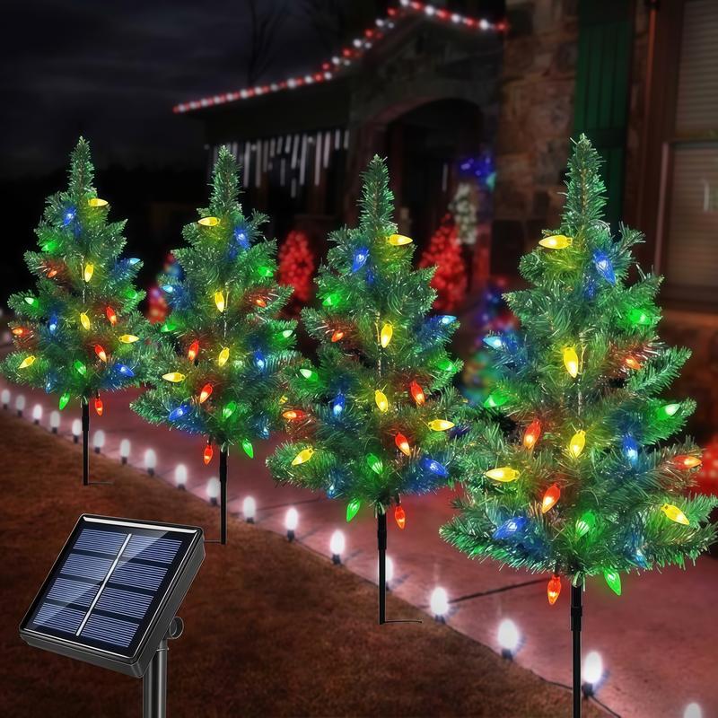 Product Introduction of 1 Tow 4 Solar Christmas Tree Lights. Includes 80 colorful strawberry bulbs, IPX4 waterproof, suitable for outdoor patio garden decorations for festivals, driveways and Christmas parties! 4