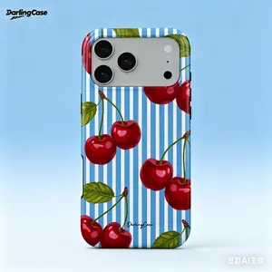 Darlingcase Cherry Phone Case for iPhone 17 Pro Max 16 Pro 15 14 13 12 11 8 7 X XS Max Retro Vintage Red Cherry Blue Stripe Botanical Fruit Coquette Design, Dual-Layer Shockproof Drop Protection Anti-Scratch Cover, Gift for Women Teen Girls
