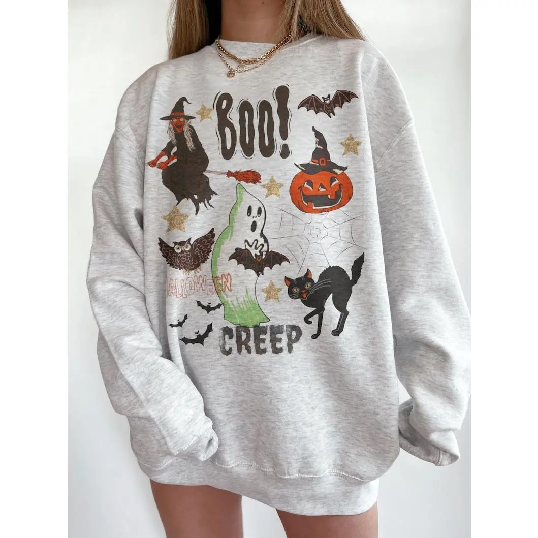 Vintage Halloween Sweatshirt, Retro Boo Ghost Witch Pumpkin Graphic Crewneck, Spooky Black Cat Bat Shirt, Cute Halloween Pullover, Fall Spooky Season Gift