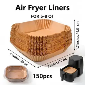 150 pcs nonstick square air fryer paper liners, 8 inches; thick double-sided silicone oil liner paper for single-use baking, suitable for 5–8 quart air fryers; baking supplies, kitchen supplies, cookware; food tray (8*8 inches / 20*20 cm); baking tools